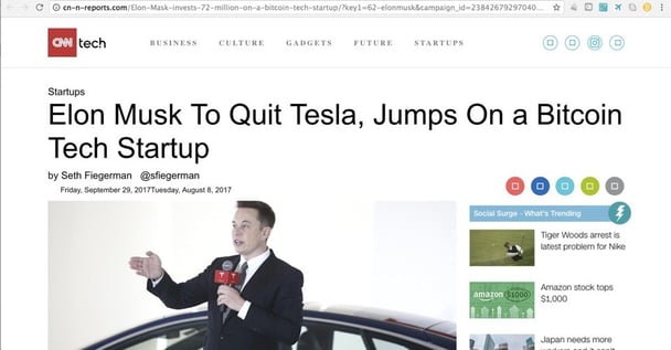 Musk quits Tesla to Join Bitcoin Startup? Another Fake Story Promoted via Facebook